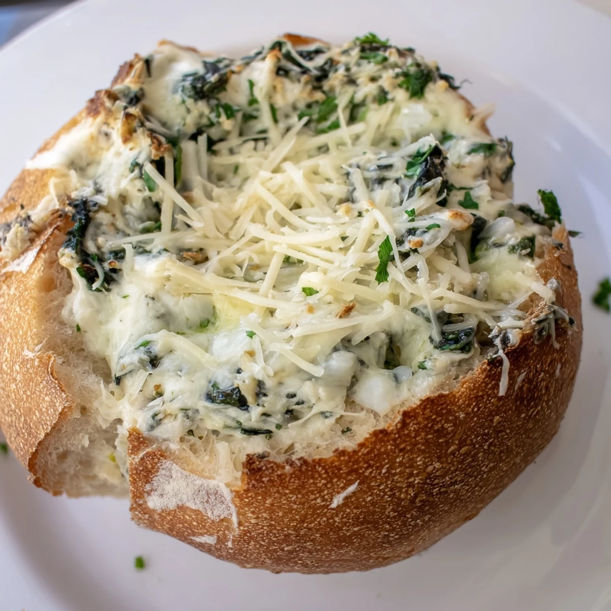 A warm dip bowl brimming with Creamy Spinach Dip, fresh herbs, and sourdough pieces on a rustic table.