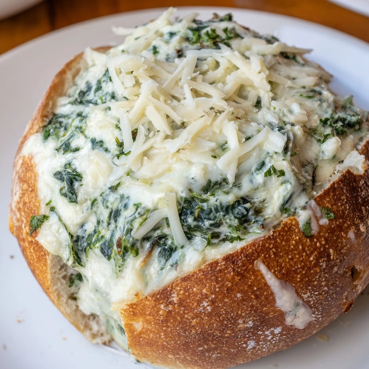 Rich Creamy Spinach Dip baked to perfection in a sourdough loaf, ready for a cozy appetizer spread.
