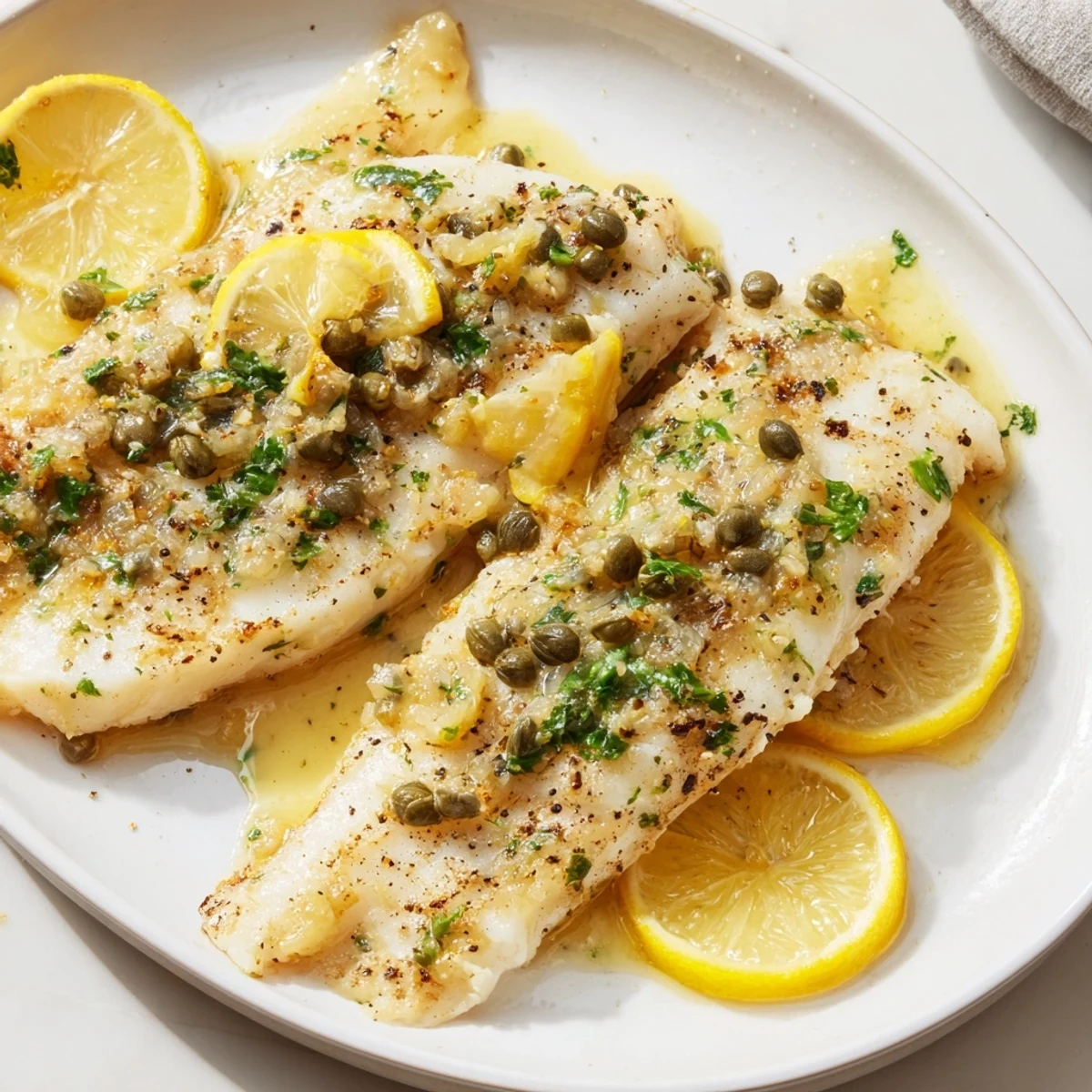 Golden Baked Haddock with Lemon and Capers flaking easily beside bright lemon slices and fresh parsley on a white plate.