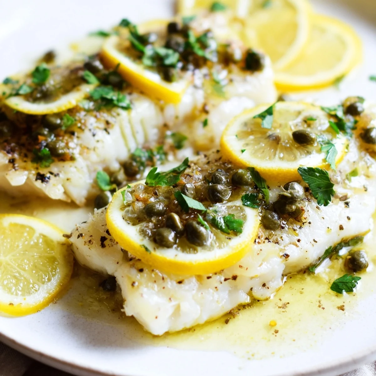 Four fillets of Baked Haddock with Lemon and Capers in a bubbly lemon-caper sauce, ready to serve over green beans.