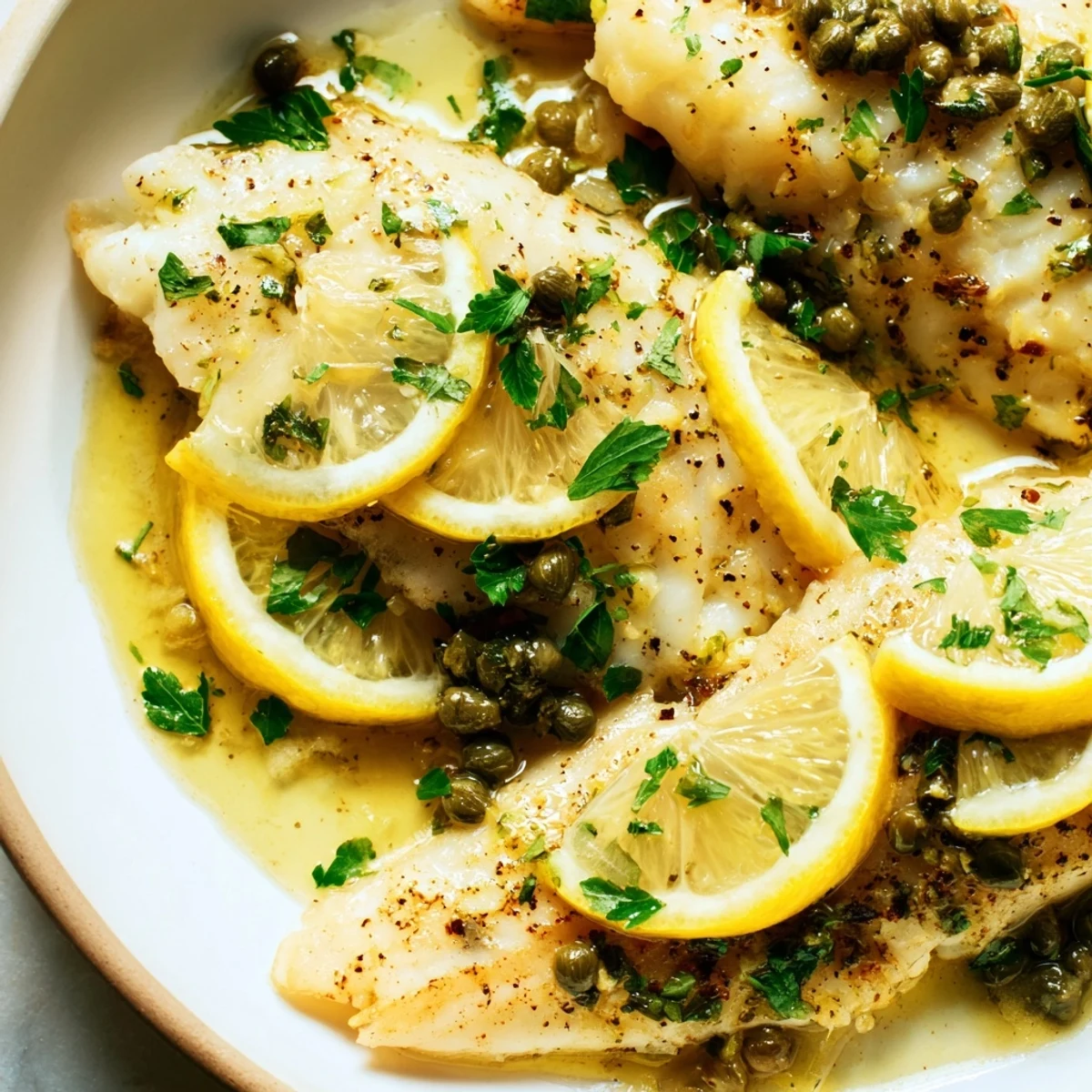 Close-up of Baked Haddock with Lemon and Capers showing tender fish and parsley garnish, plated with roasted potatoes.