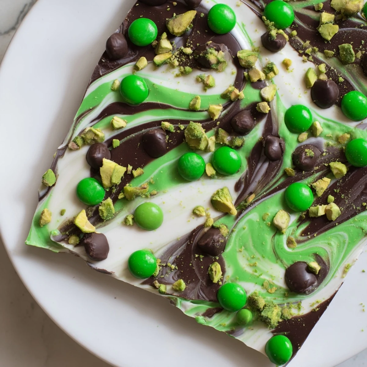A close-up of St. Patrick's Day Mint Chocolate Bark with marbled dark and white chocolate, topped with green candy-coated chocolates and pistachios on a parchment-lined surface.