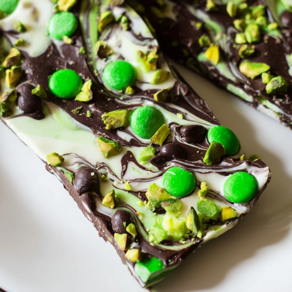 This festive St. Patrick's Day Mint Chocolate Bark displays vibrant green sprinkles and chopped pistachios on a shimmering white chocolate layer against a rustic background.
