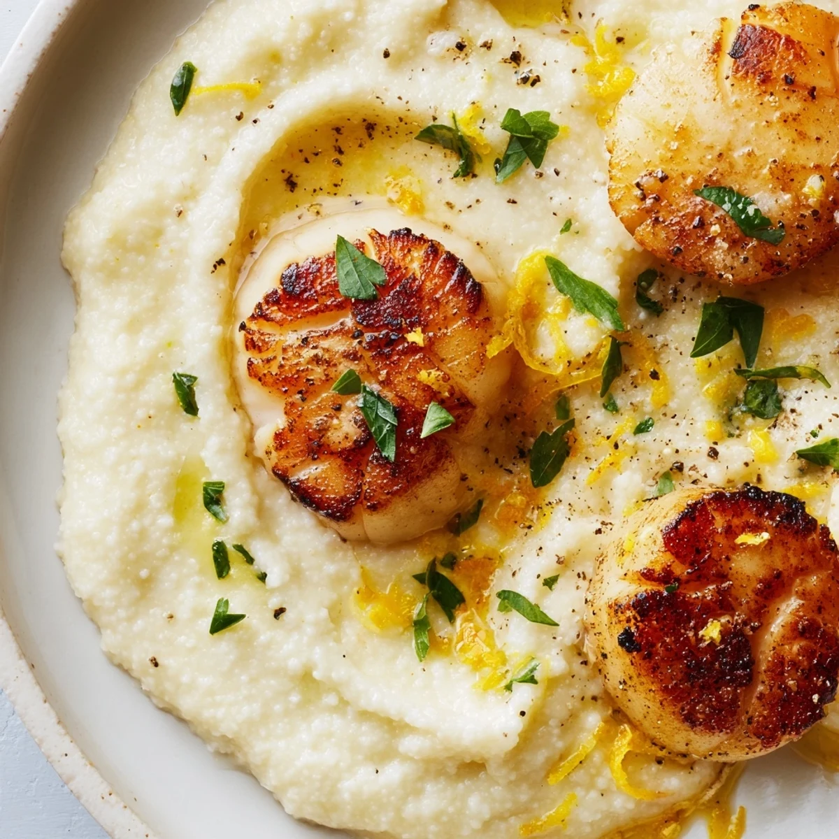 A close-up view of tender scallops atop rich, cheesy polenta, finished with a drizzle of lemon juice and chopped parsley.