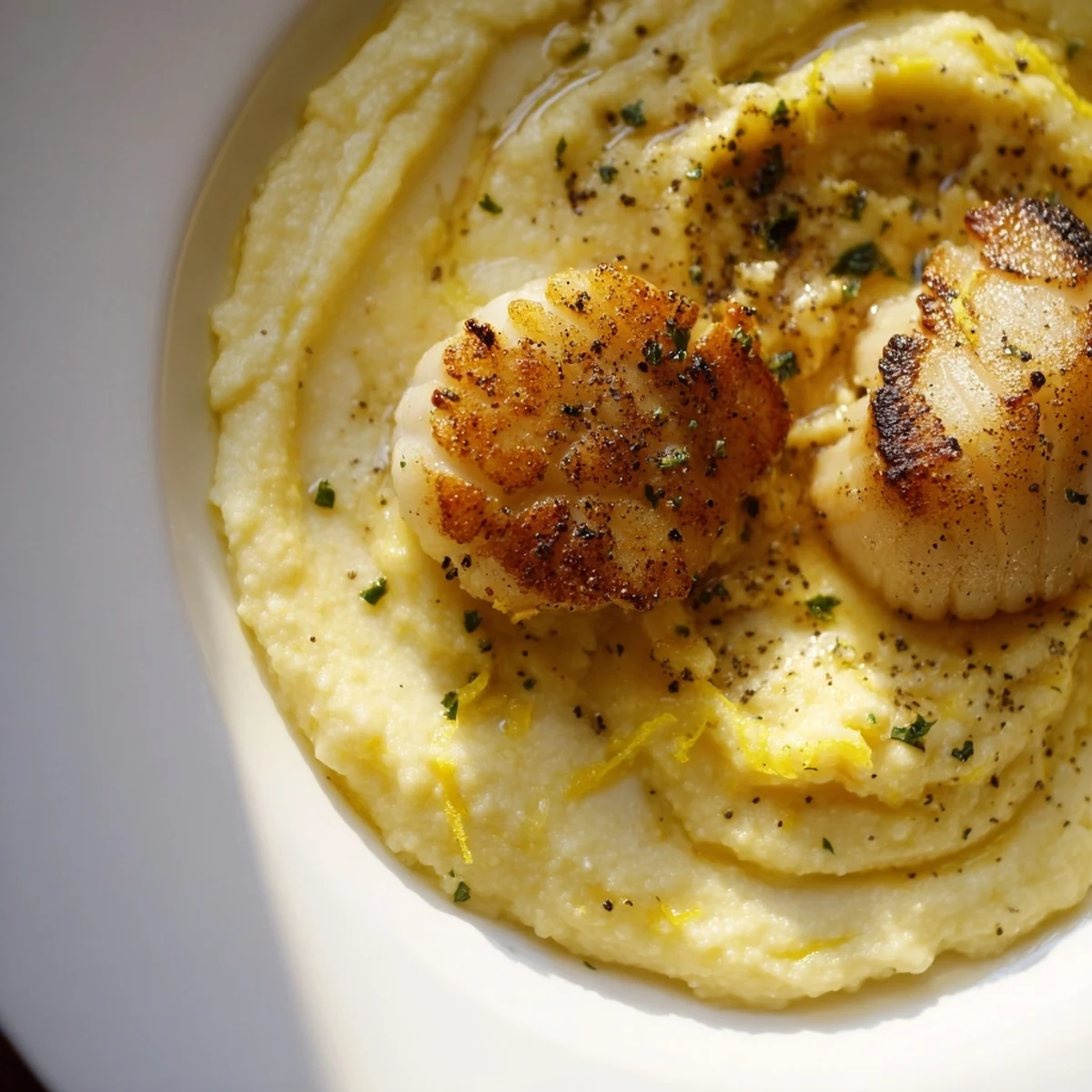 Elegant scallop recipe served with creamy cornmeal polenta, perfect for a gluten-free date night with wine pairings.