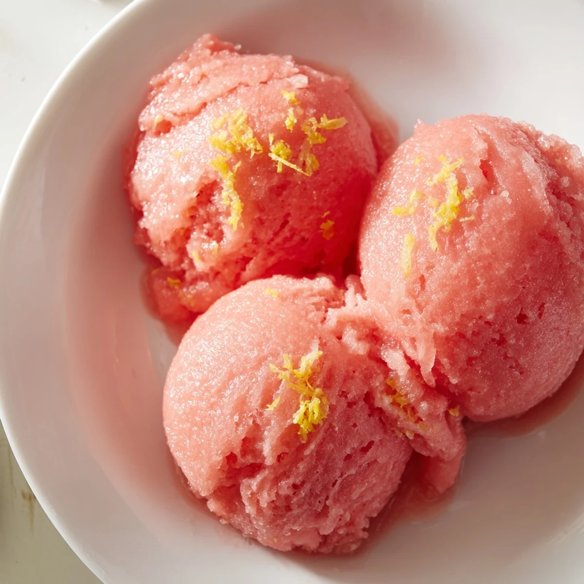 Scoops of bright Pink Grapefruit Sorbet served in a chilled glass bowl with a fresh mint leaf.