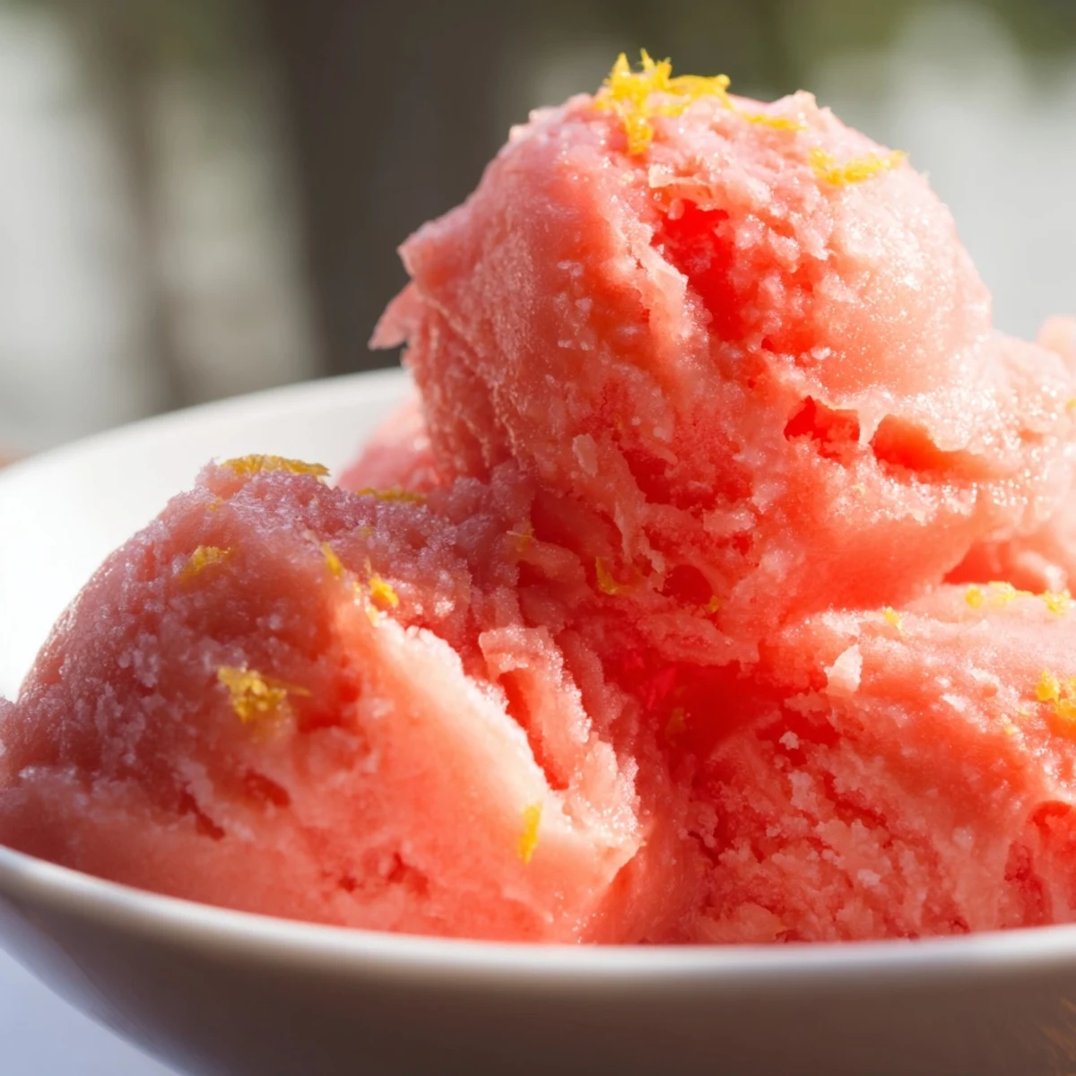 Pink Grapefruit Sorbet in a rustic bowl, its icy pink crystals glistening in soft natural light.