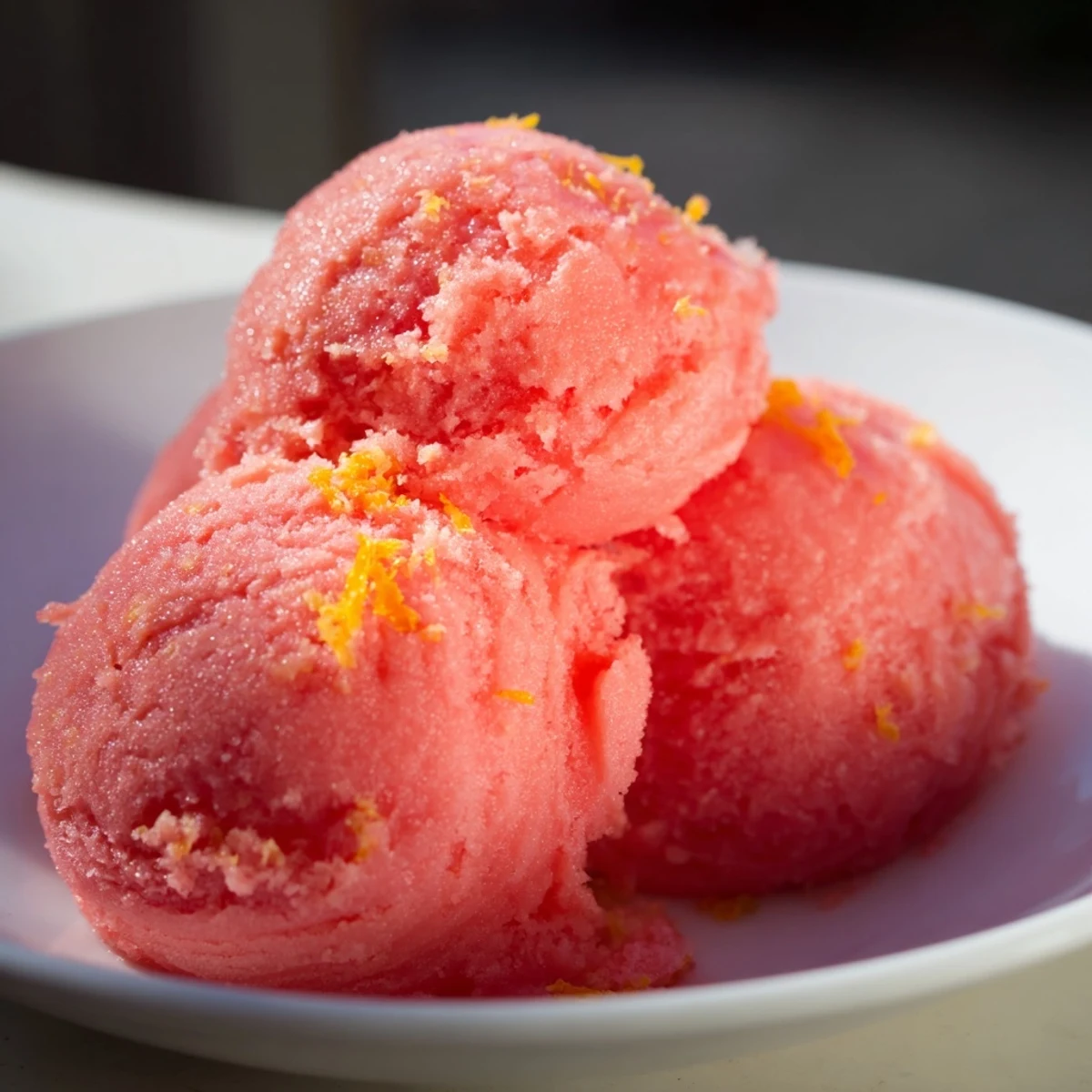 A spoon scoops into vibrant Pink Grapefruit Sorbet, served alongside a chilled glass of sparkling wine.