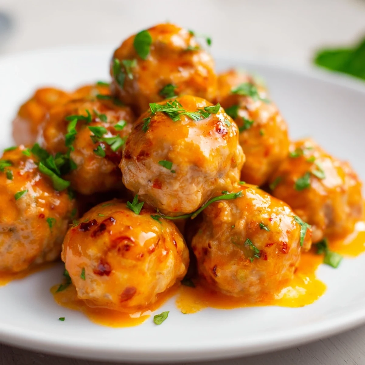 A platter of juicy Touchdown Buffalo Chicken Meatballs served with blue cheese dip and crisp celery sticks for game day.
