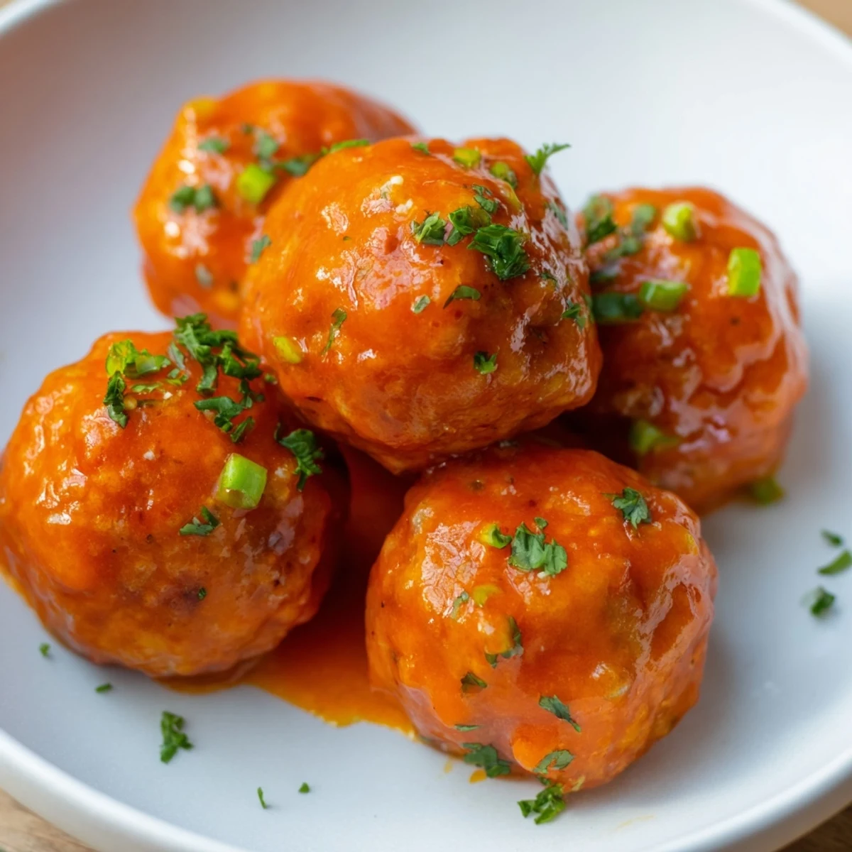 Freshly baked Touchdown Buffalo Chicken Meatballs tossed in tangy buffalo sauce, arranged on a white serving dish with herbs.