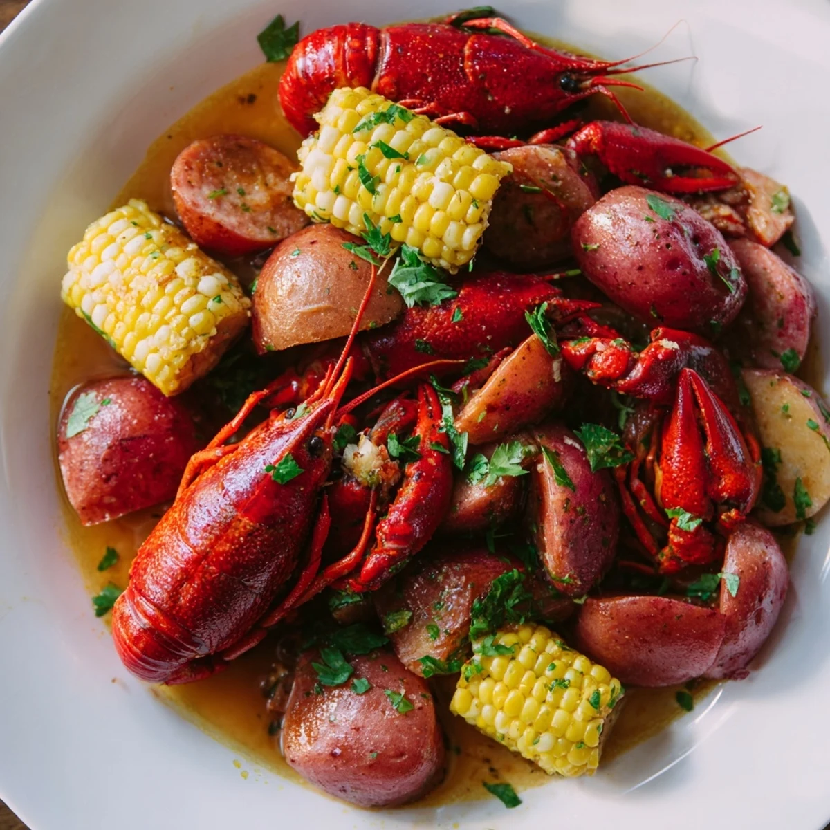 A close-up of a classic Louisiana Style Crawfish Boil with bright red crawfish, golden corn, and spicy Andouille sausage, seasoned to perfection.