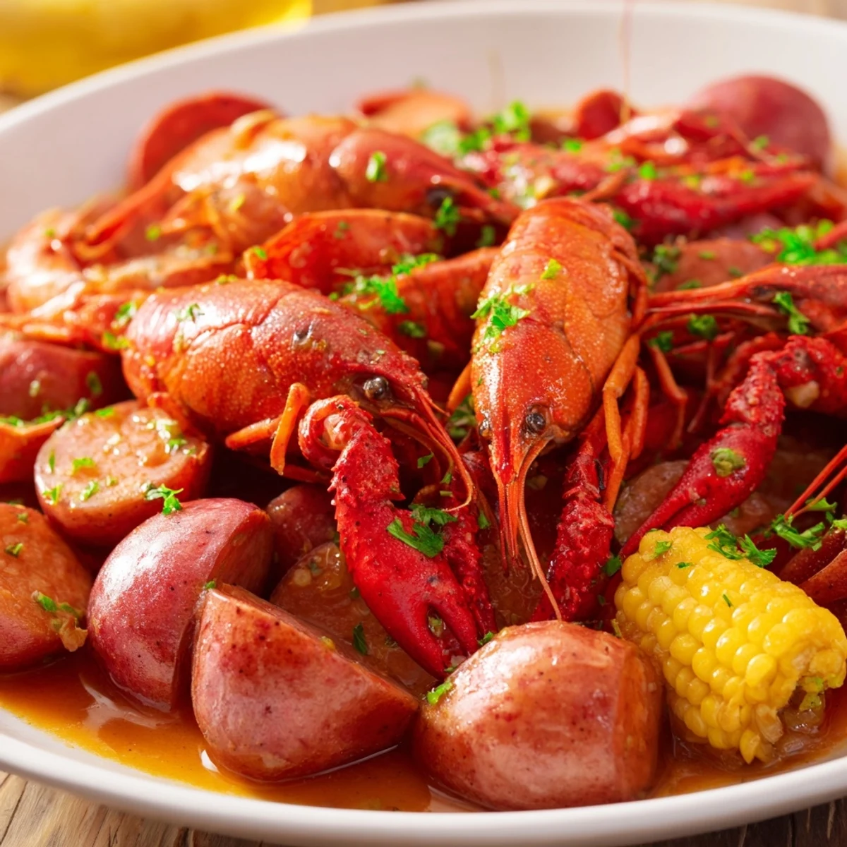 A rustic serving table displays a vibrant Louisiana Style Crawfish Boil with crawfish, corn, potatoes, and sausage, ready for a backyard gathering.
