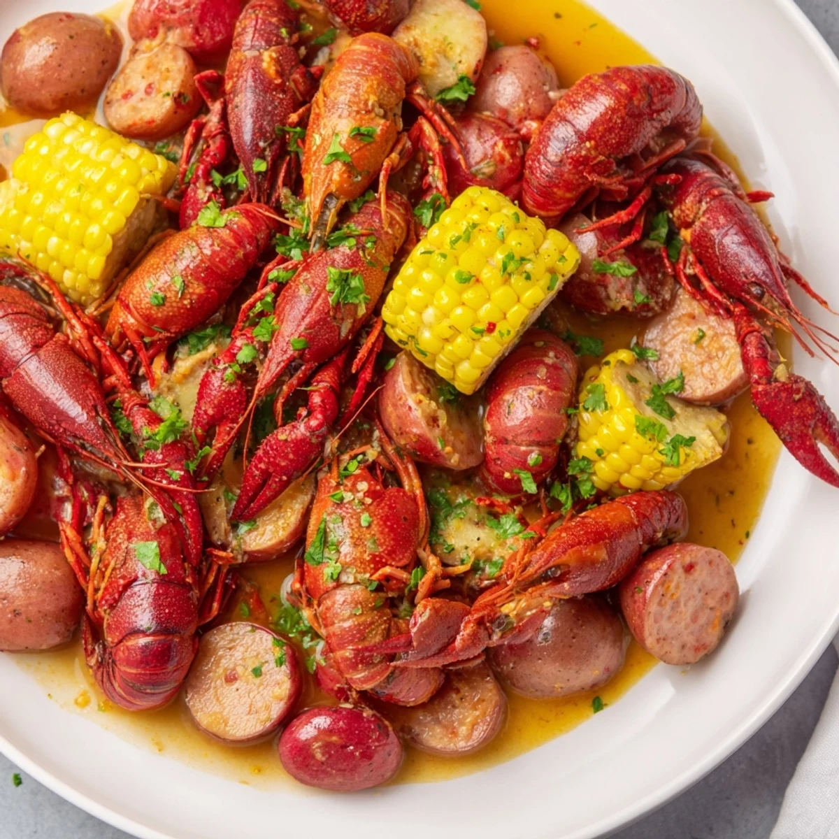 Steam rises from a heaping platter of Louisiana Style Crawfish Boil, showcasing tender potatoes, corn, and Cajun-spiced sausage for a festive feast.