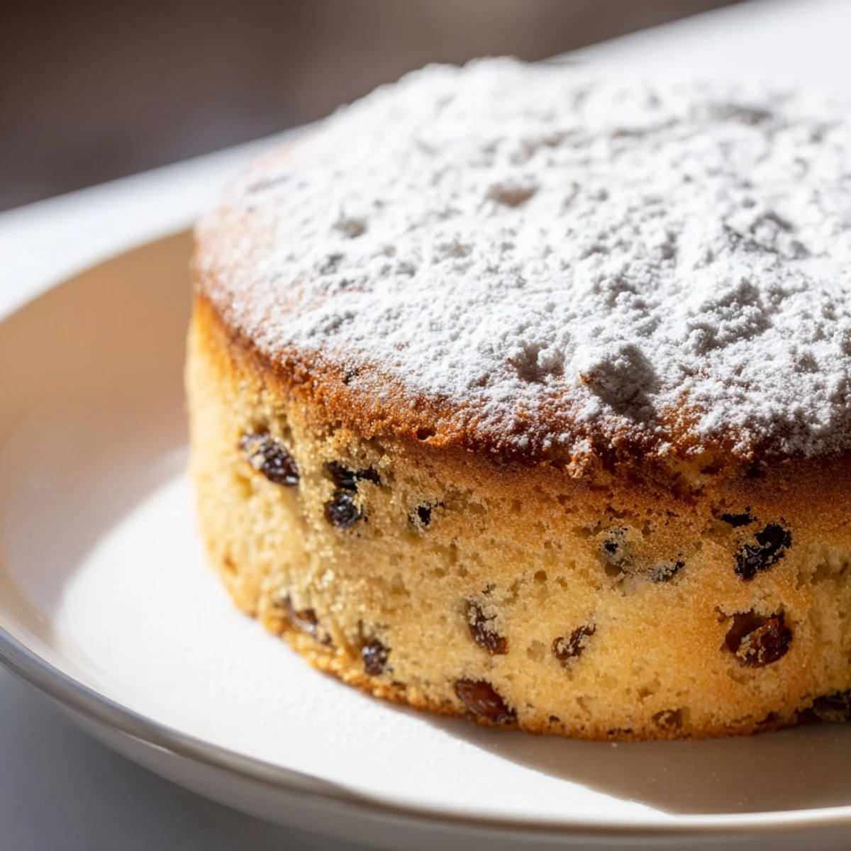 Freshly baked Irish Tea Cake with raisins, dusted with powdered sugar, resting on a rustic wooden cutting board.