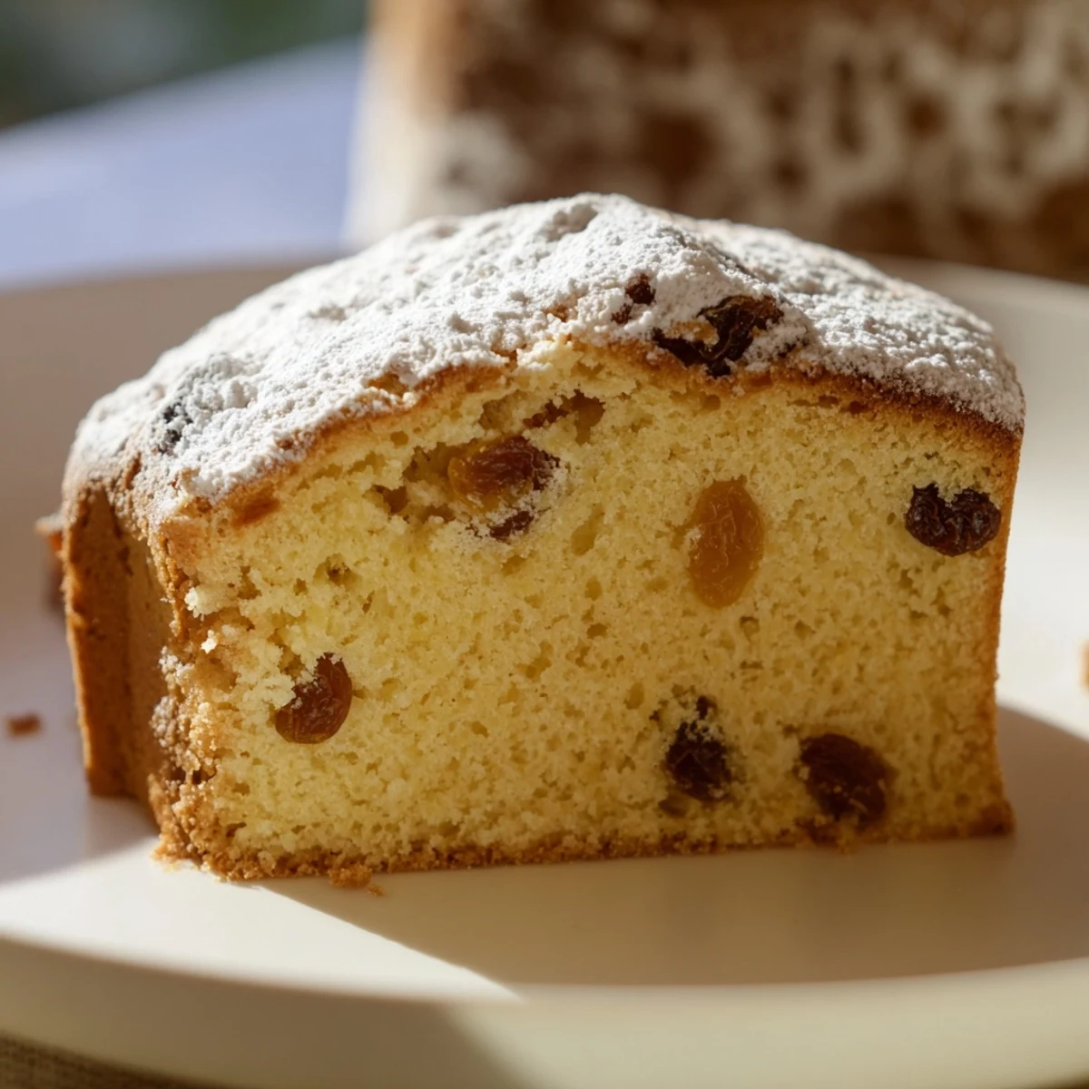 A tender slice of Irish Tea Cake studded with plump raisins, served on a white plate with morning coffee.