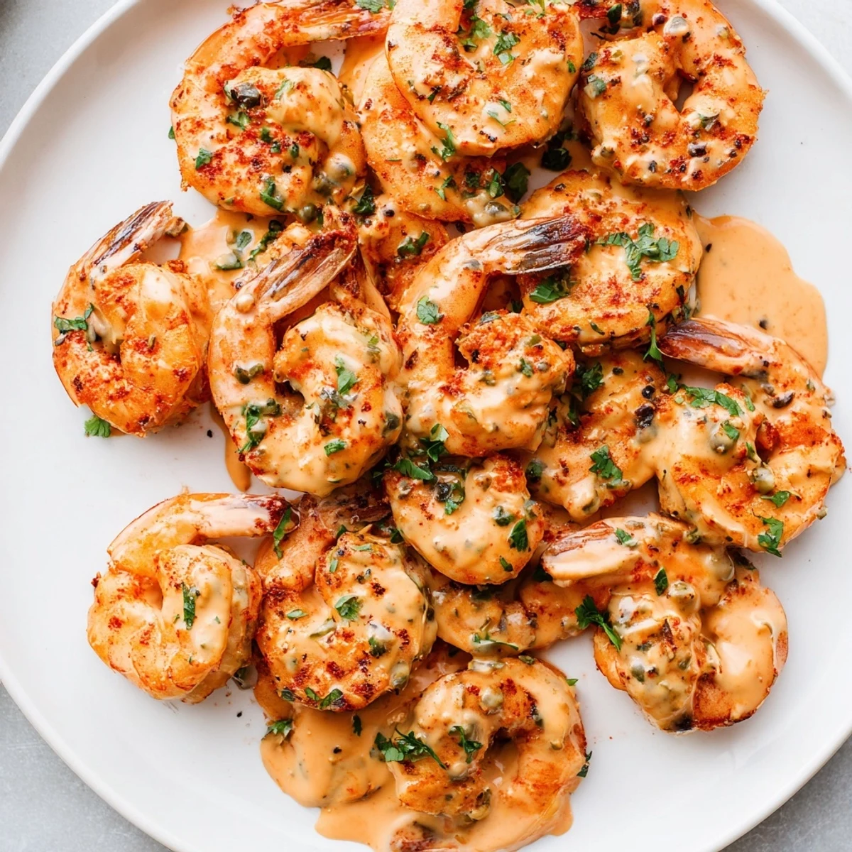 Golden, sizzling Cajun shrimp arranged on a white plate beside a creamy, speckled remoulade dipping sauce.  