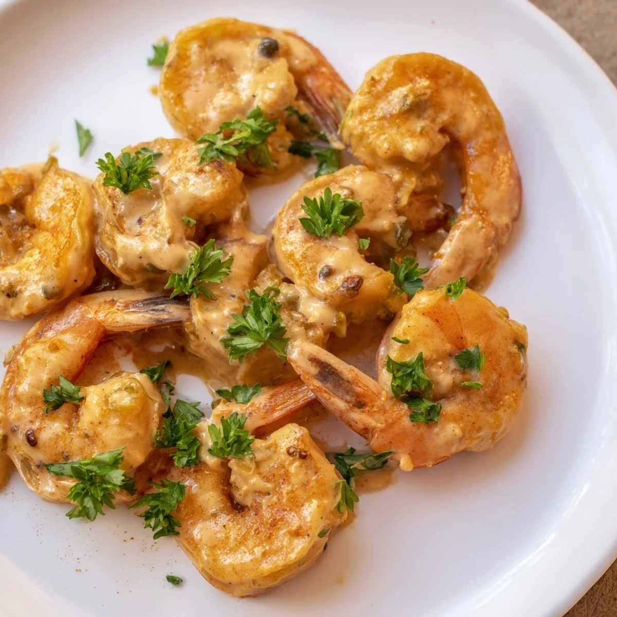 Close-up of plump Cajun shrimp dipped into a tangy remoulade sauce with capers and pickles.