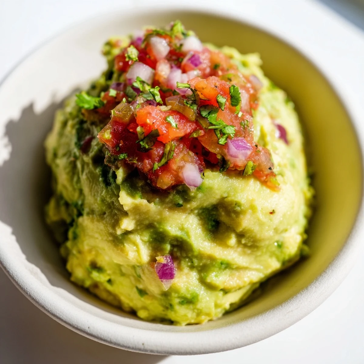 A vibrant Super Bowl Guacamole with Salsa topped with chunky tomato salsa, surrounded by crispy tortilla chips.  