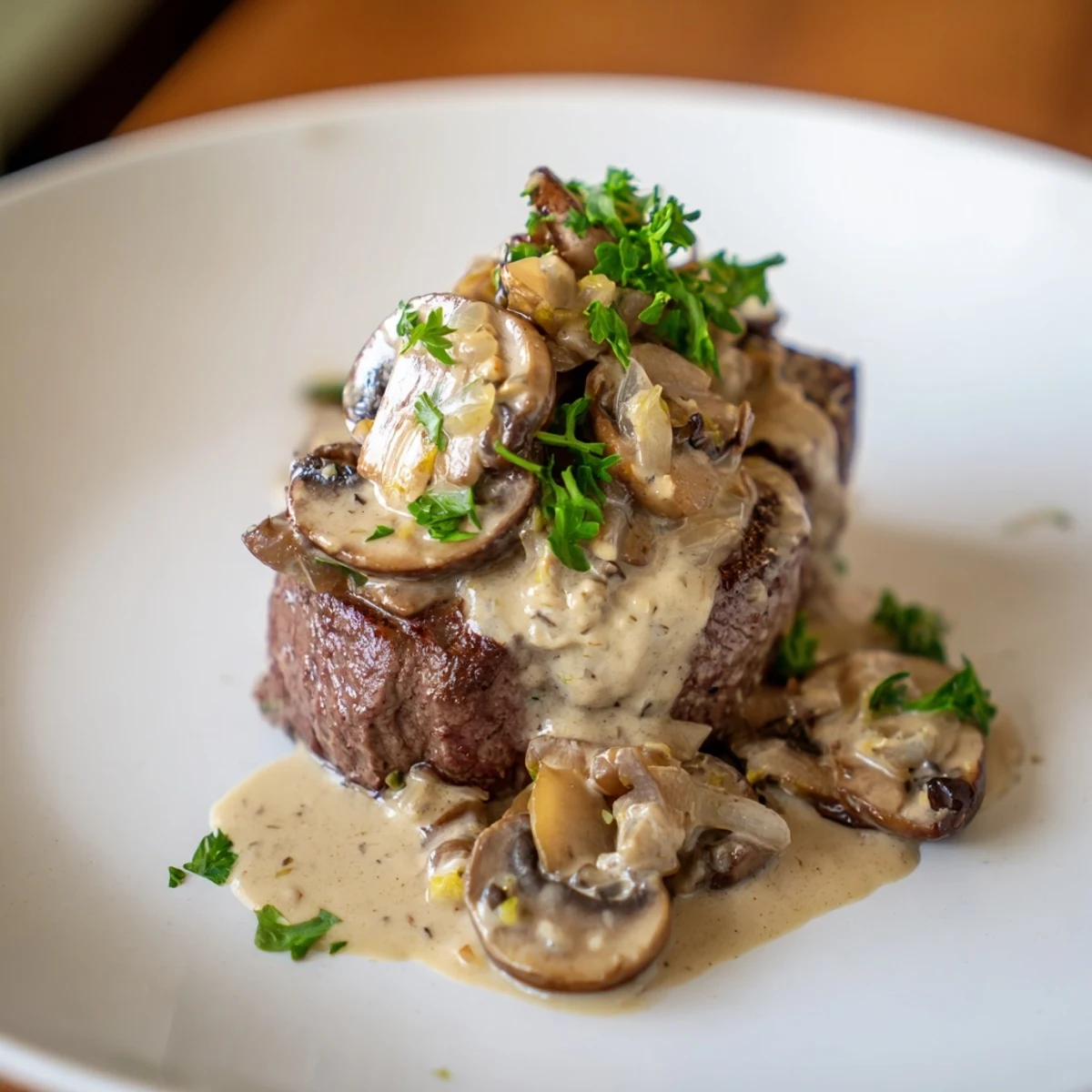 Tender beef medallions in a creamy mushroom sauce, perfect for a romantic Date Night Steak Diane at home.  
