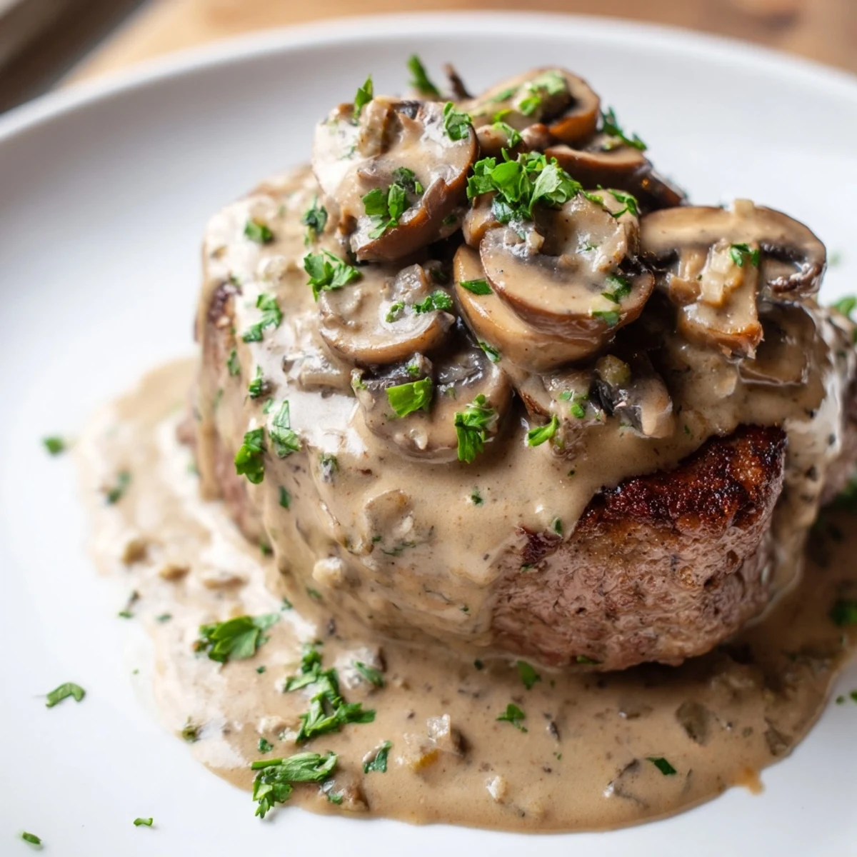 Golden seared steaks with sautéed mushrooms and a rich brandy cream sauce, ready to serve for an elegant dinner.  