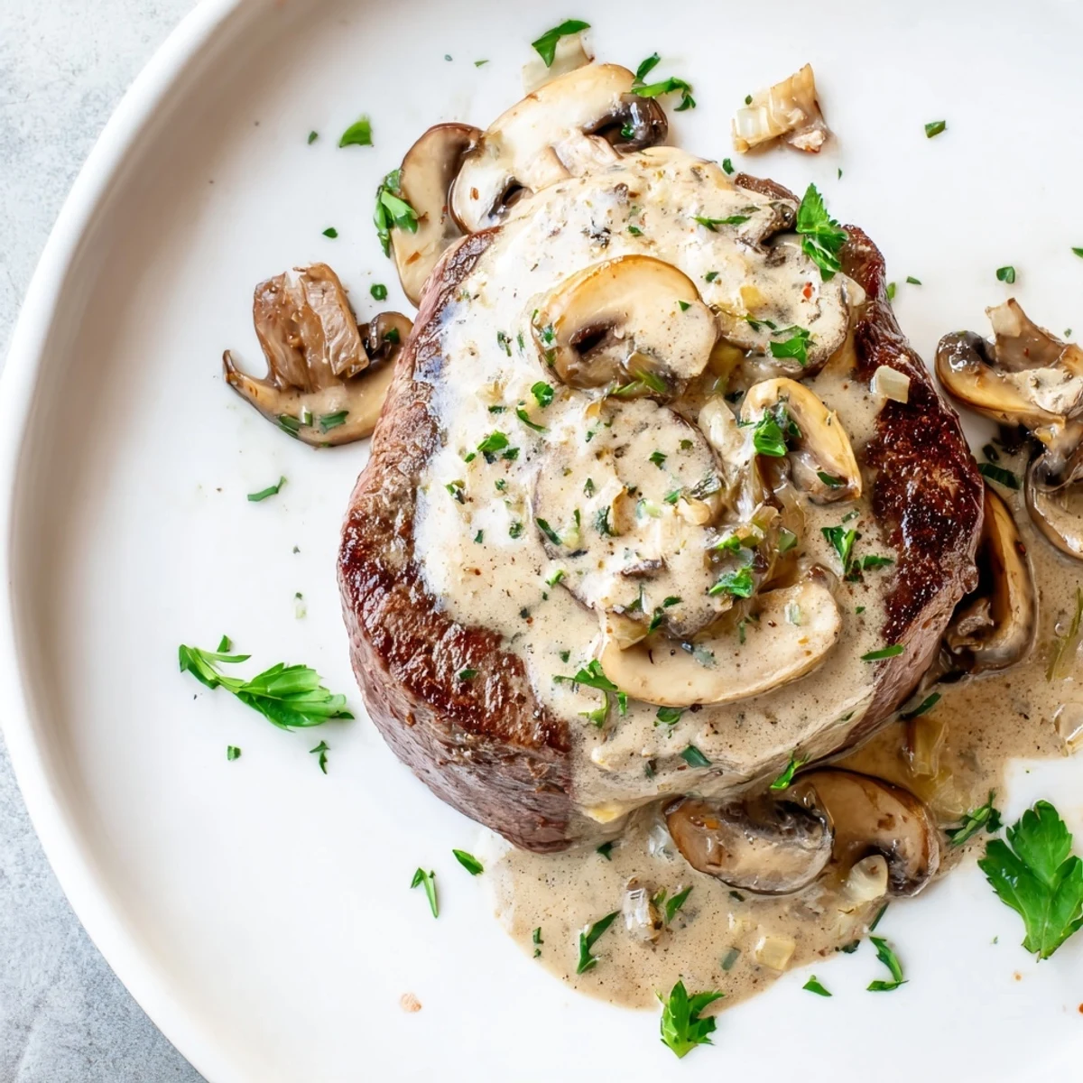 Plated Date Night Steak Diane garnished with fresh parsley, paired with roasted potatoes for a delicious gluten-free main course.