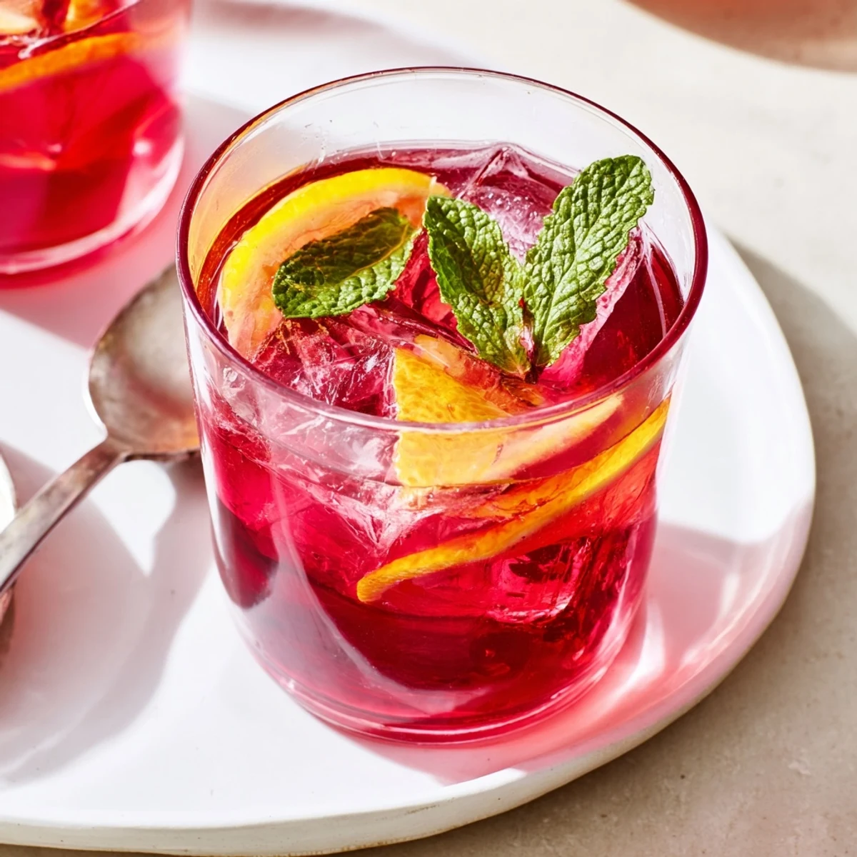 Vibrant Pink Hibiscus Iced Tea served over ice in a glass, garnished with fresh orange slices and mint sprigs for a refreshing summer drink.