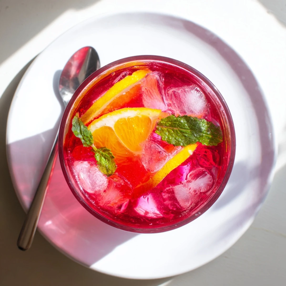 Close-up of Pink Hibiscus Iced Tea in a tall glass with condensation, ice cubes, and a bright lemon slice, capturing a tangy, sweet aroma.