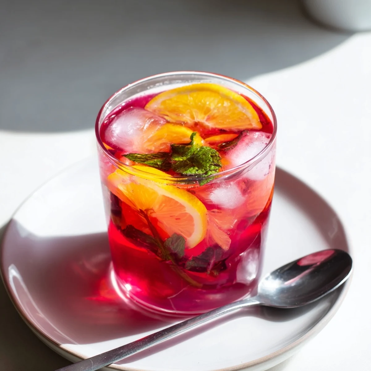 A glass pitcher filled with homemade Pink Hibiscus Iced Tea, featuring a deep red-pink hue and floating citrus wheels, ready for a backyard brunch.