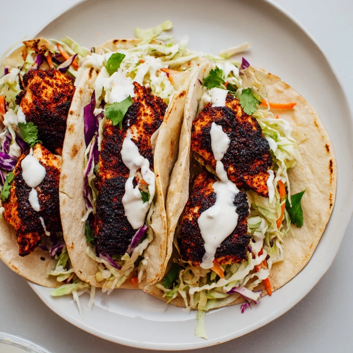 Close-up of a Cajun-spiced fish taco filled with flaky white fish, tangy slaw, and creamy sauce, ready to serve.