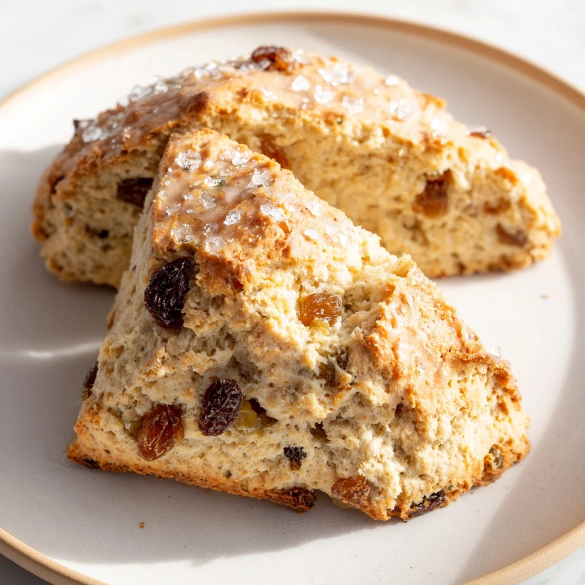 Freshly baked Irish Soda Bread Scones on a wooden board, bursting with plump raisins and a sweet sugar crust.