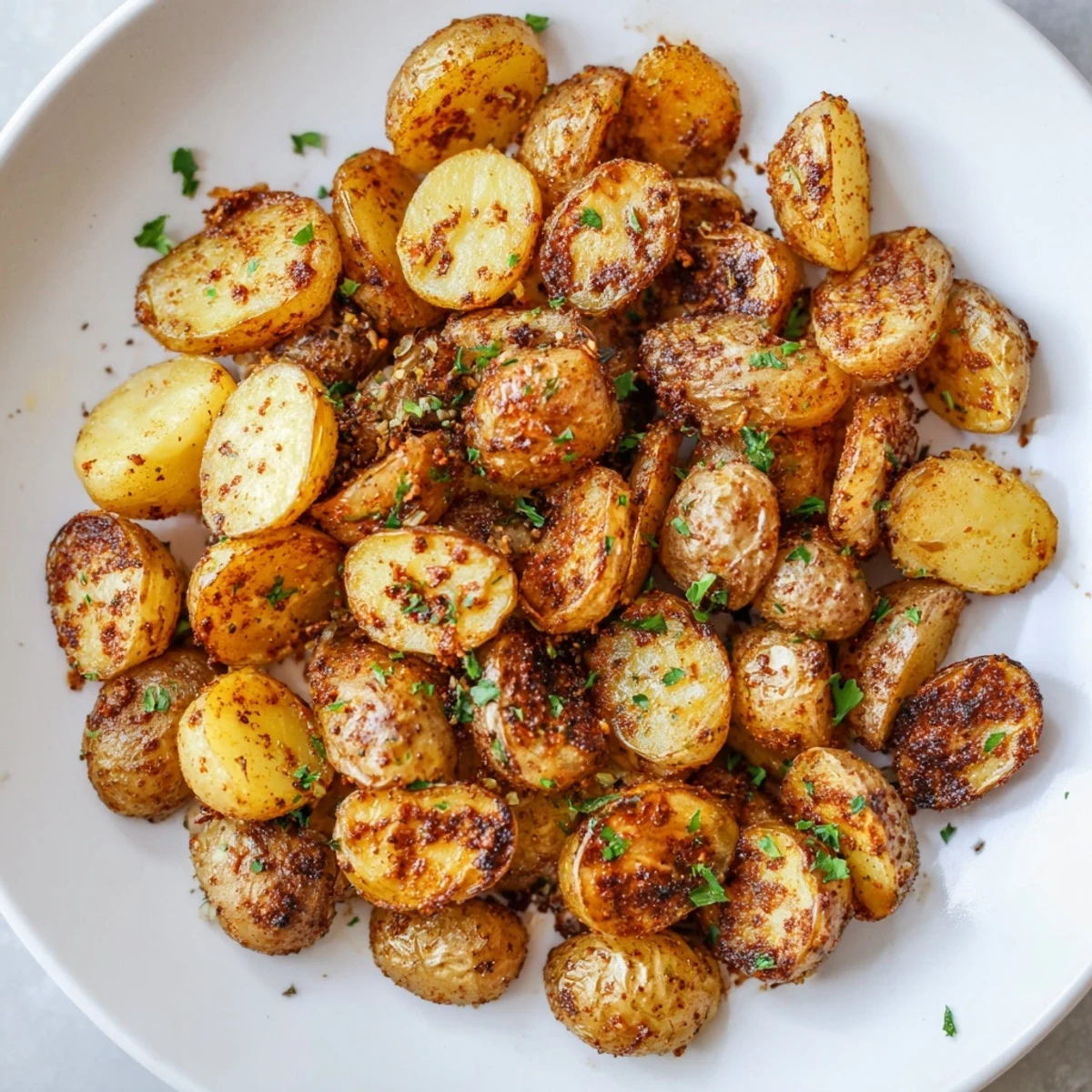Golden brown Cajun Spiced Roasted Potatoes with crispy edges and fluffy centers, garnished with fresh parsley and lemon wedges.