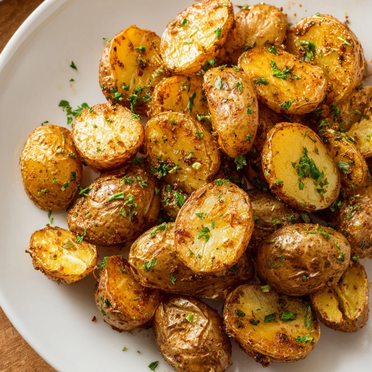 A close-up of Cajun Spiced Roasted Potatoes piled high on a plate, showcasing bold spices and a vibrant side dish.