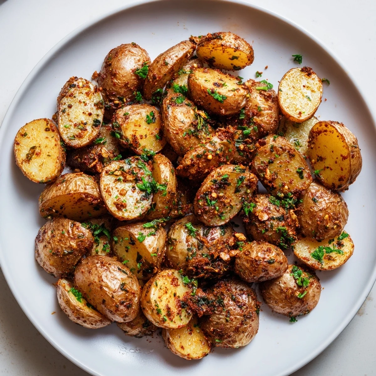 Freshly roasted Cajun Spiced Roasted Potatoes served alongside grilled chicken, highlighting a smoky, savory Southern-inspired meal.