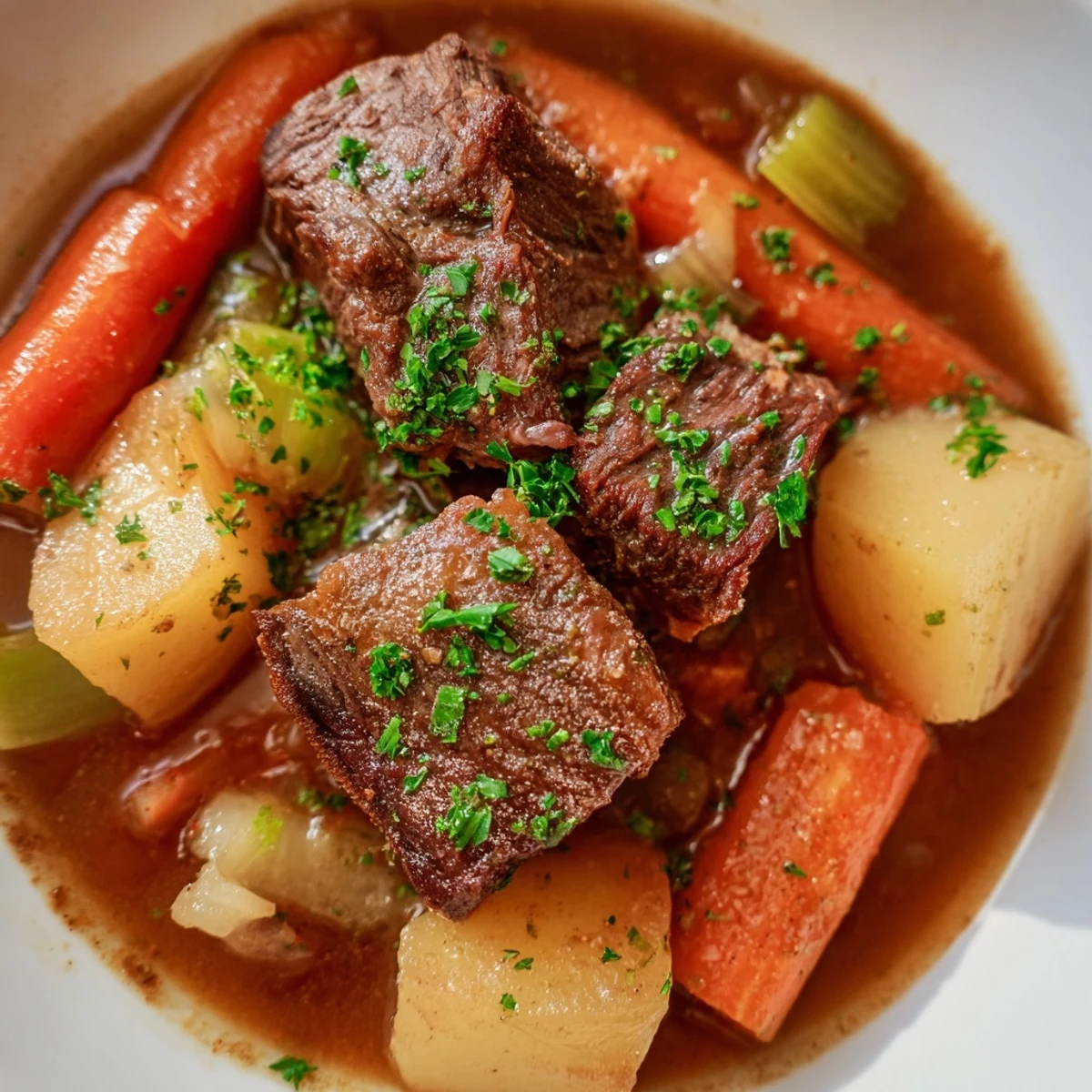 Festive St. Patricks Day Irish Beef Stew ladled into a rustic ceramic bowl, garnished with fresh parsley and surrounded by crusty bread on a wooden table.