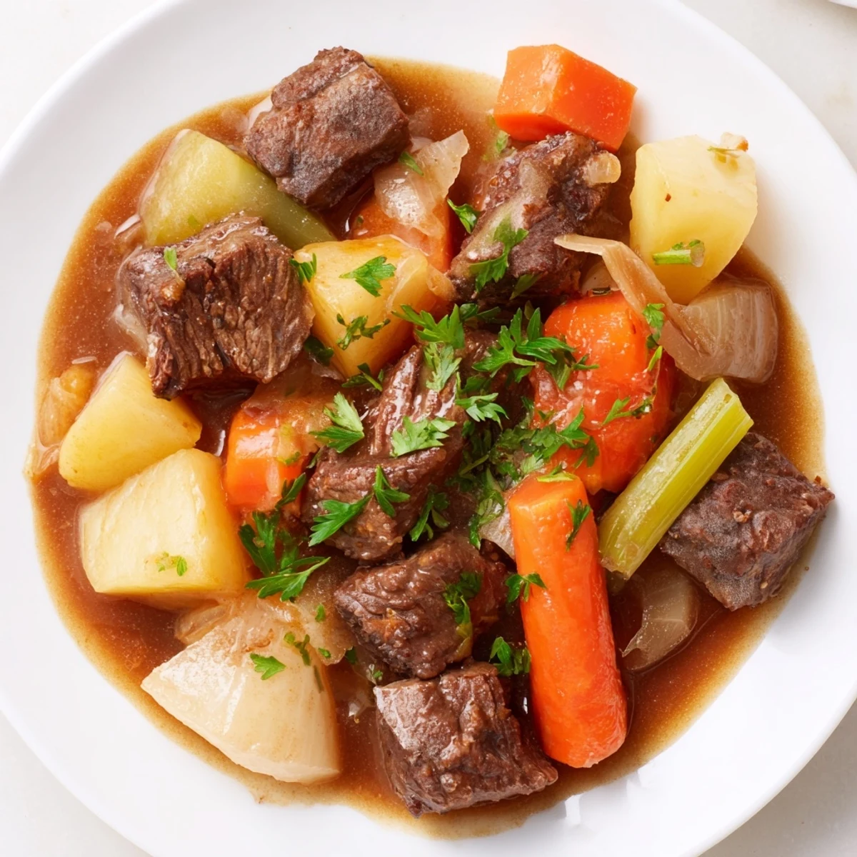 Tender chunks of beef and colorful root vegetables simmering in a rich, dark broth for a hearty St. Patricks Day Irish Beef Stew.
