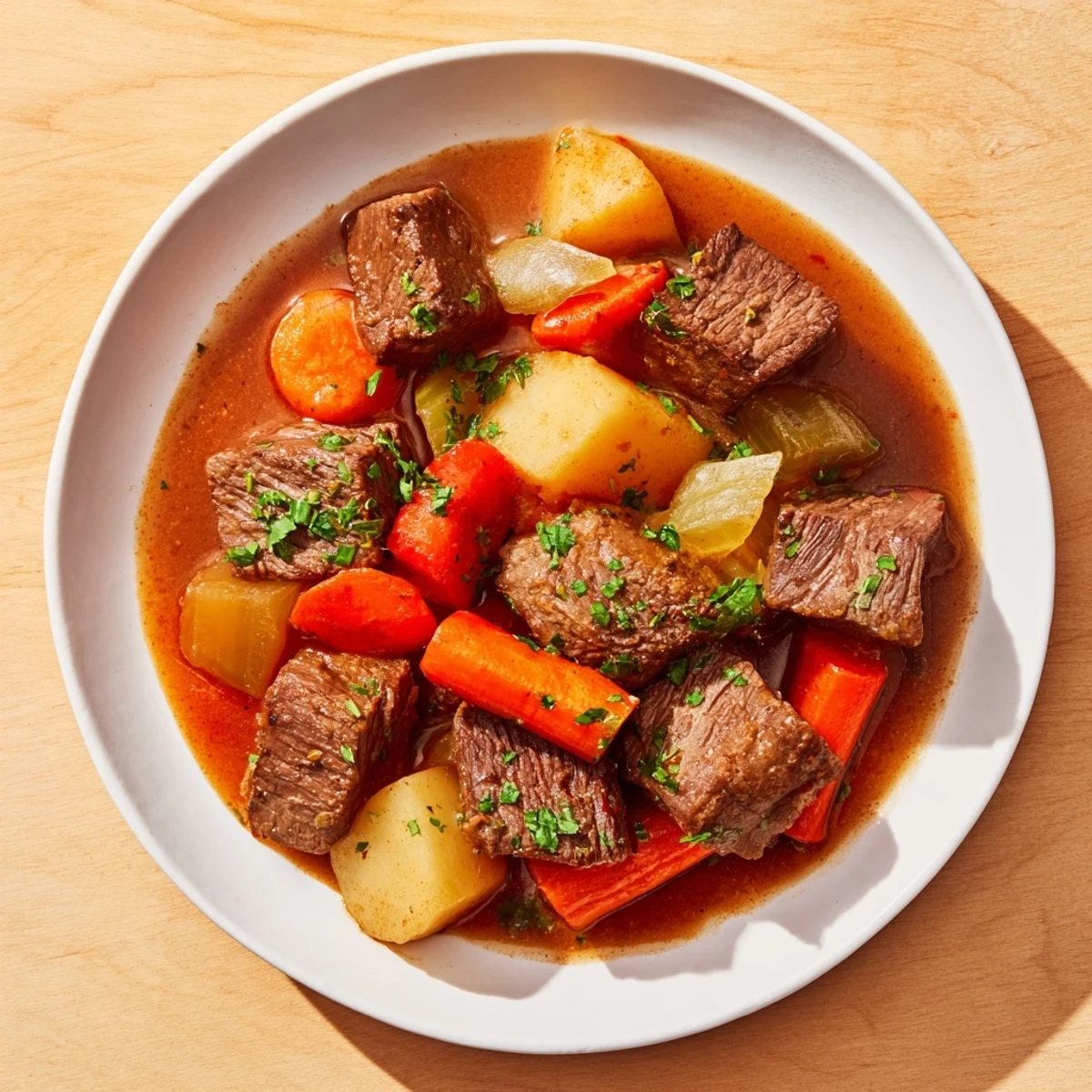 A close-up of St. Patricks Day Irish Beef Stew, showcasing fork-tender beef, potatoes, and carrots in a savory gravy, perfect for a cozy meal.