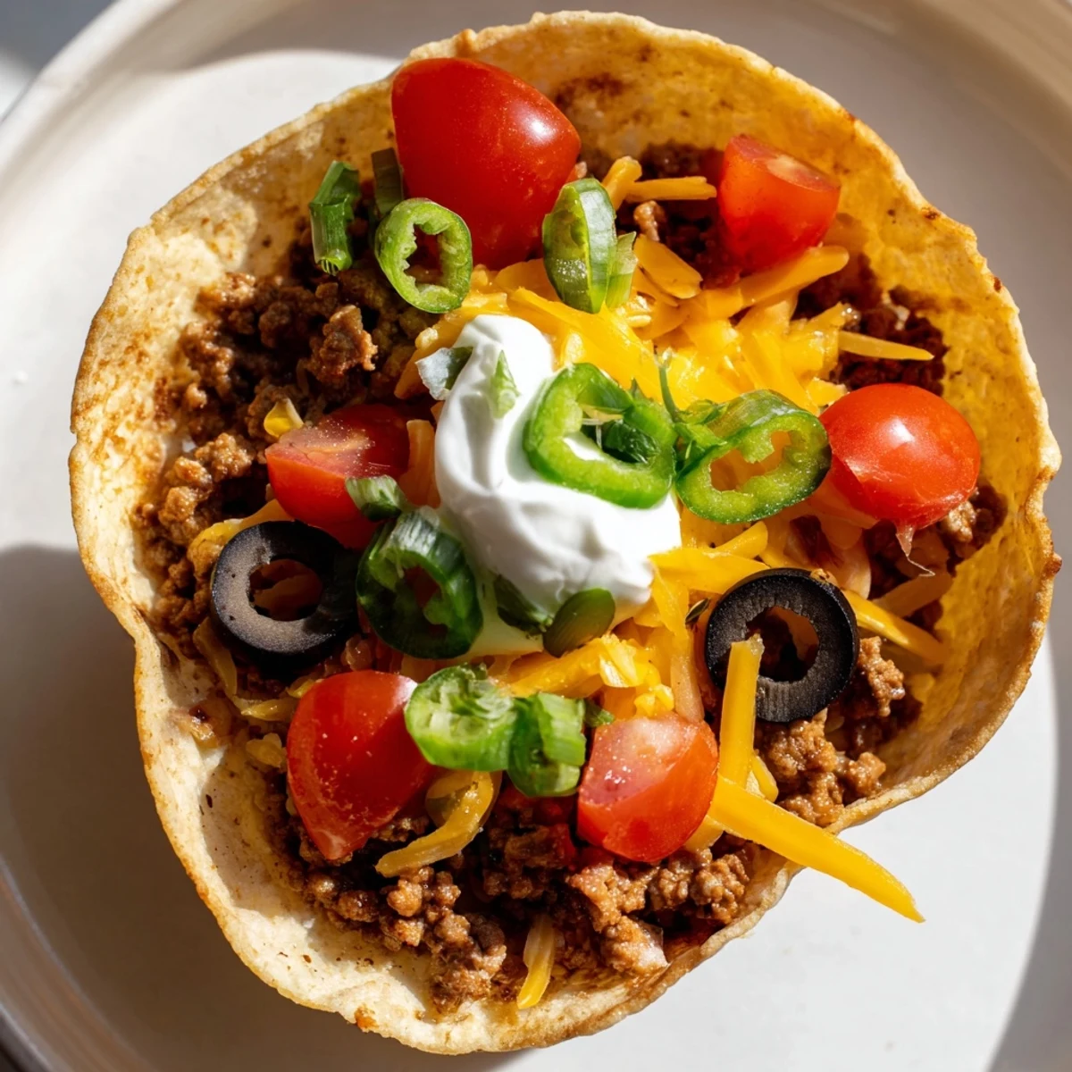 Bite-sized Tex-Mex Touchdown Taco Cups garnished with sour cream, tomatoes, and green onions on a platter.