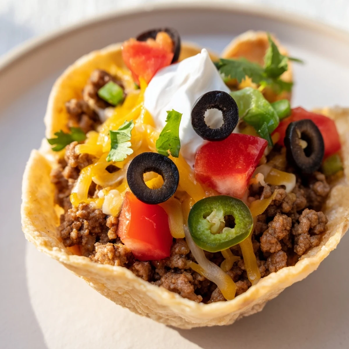 Warm Touchdown Taco Cups served with jalapeños and olives, perfect for game day snacking at a party.