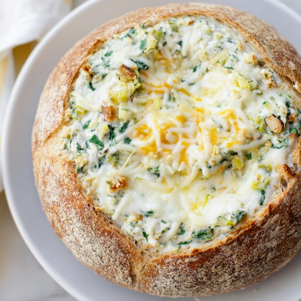Golden, bubbly Super Bowl Spinach Dip fills a hollowed sourdough bread bowl on a rustic wooden table.