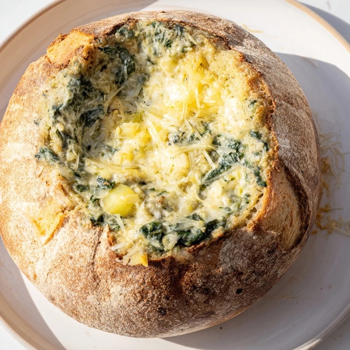 This cheesy spinach dip is served warm with carrot sticks and reserved bread cubes for dipping.