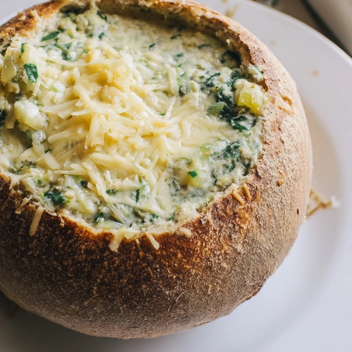 Easy homemade Super Bowl Spinach Dip in a bread bowl is baked until hot and golden.