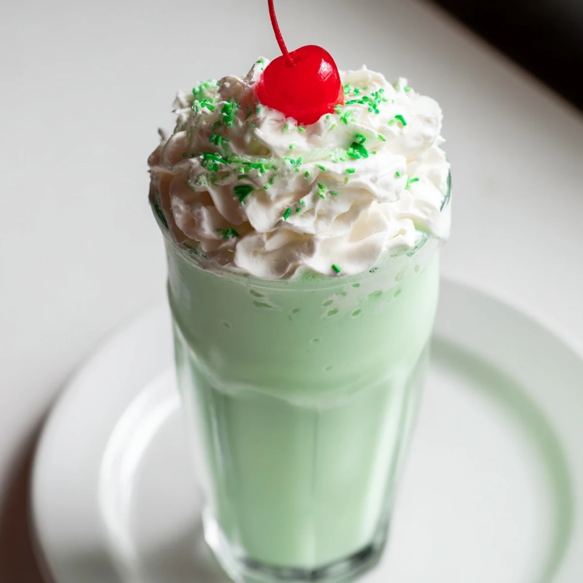 A tall, chilled glass of Shamrock Mint Milkshake topped with whipped cream and a bright maraschino cherry.