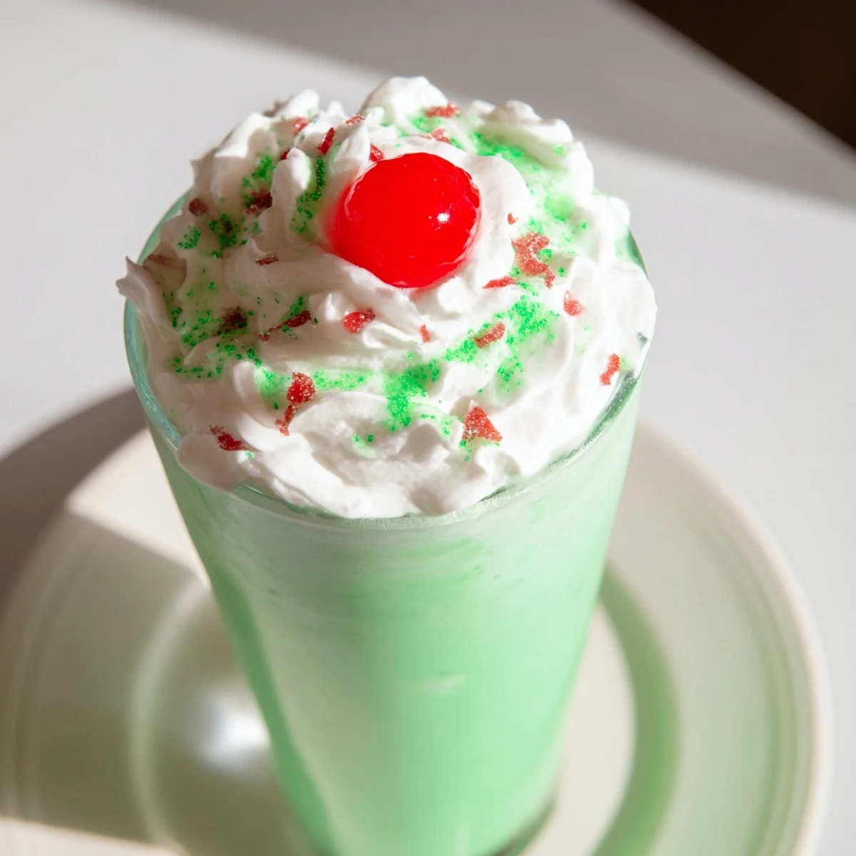 Two frosted glasses of Shamrock Mint Milkshake with a rich, minty vanilla base and maraschino cherry garnish.
