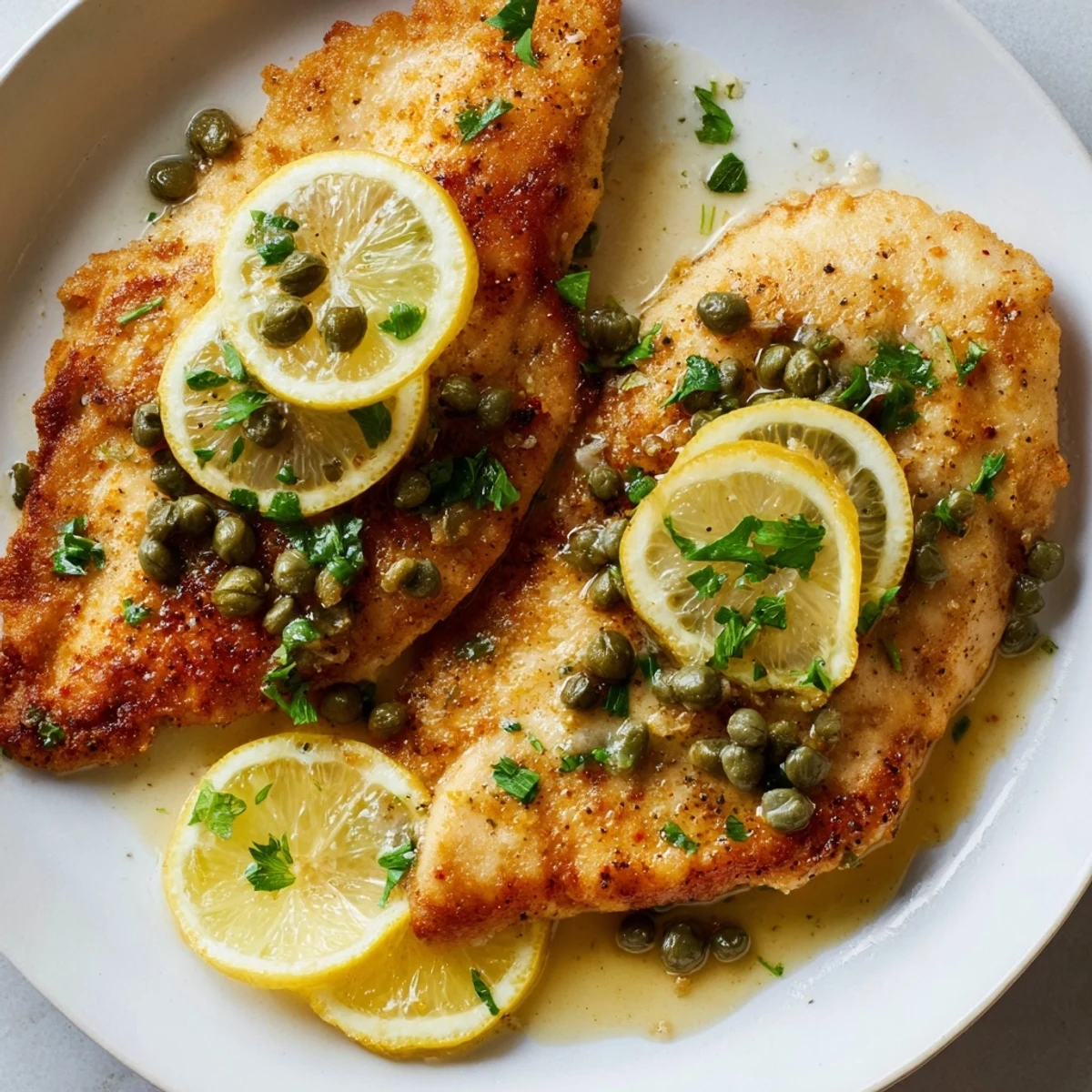 Golden-brown Date Night Chicken Piccata topped with parsley and lemon slices.