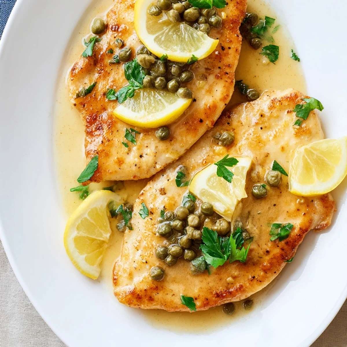 Juicy Date Night Chicken Piccata sautéed in a lemon-butter caper sauce, ready to serve.