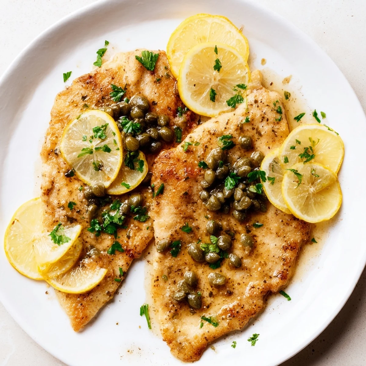 Plate of Date Night Chicken Piccata served over angel hair pasta with wine.