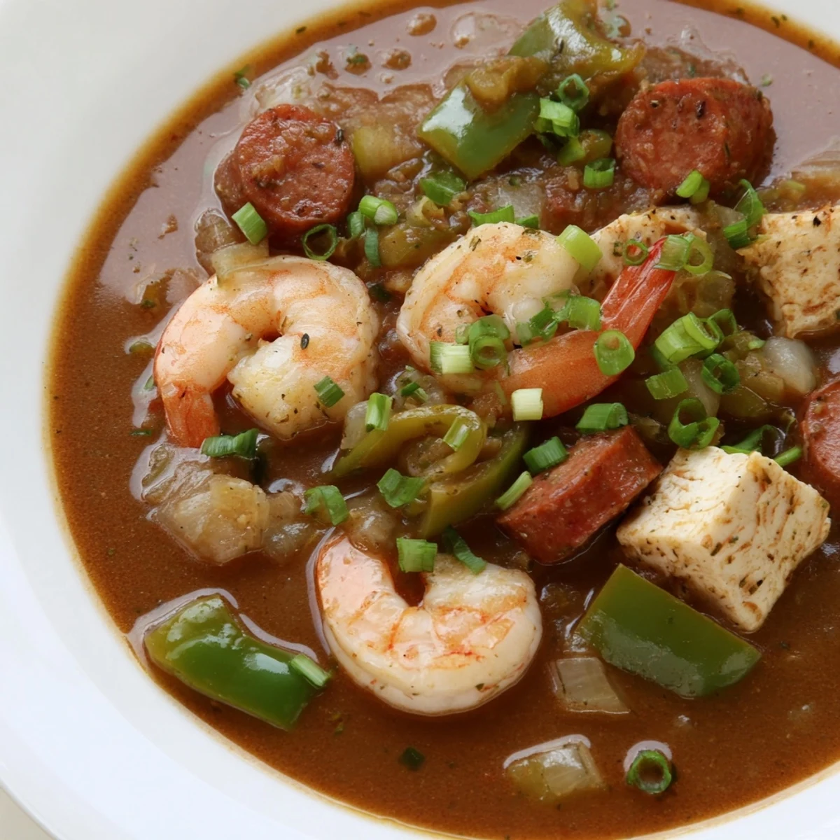 Served over fluffy white rice, this hearty Creole Seafood Gumbo features tender shrimp and smoky andouille sausage. The rich, dark roux broth is garnished with fresh green onions and parsley.