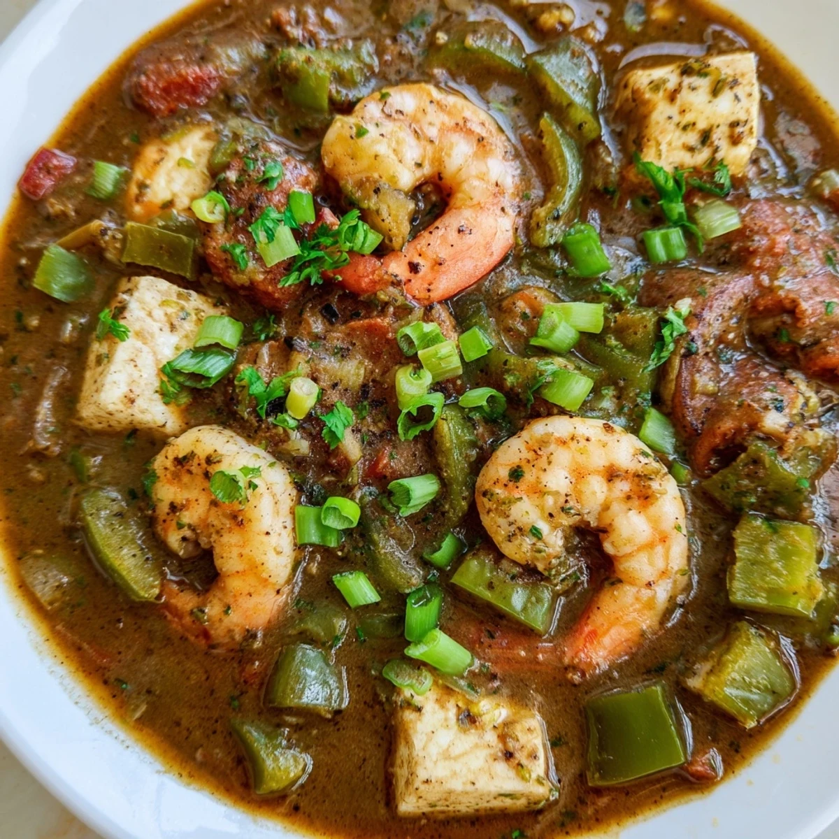 Creole Seafood Gumbo with okra showcases a savory medley of crabmeat, fish, and sliced andouille sausage in a deep brown, spiced broth. Steam rises from the Dutch oven, highlighting the vibrant okra and fresh parsley garnish.