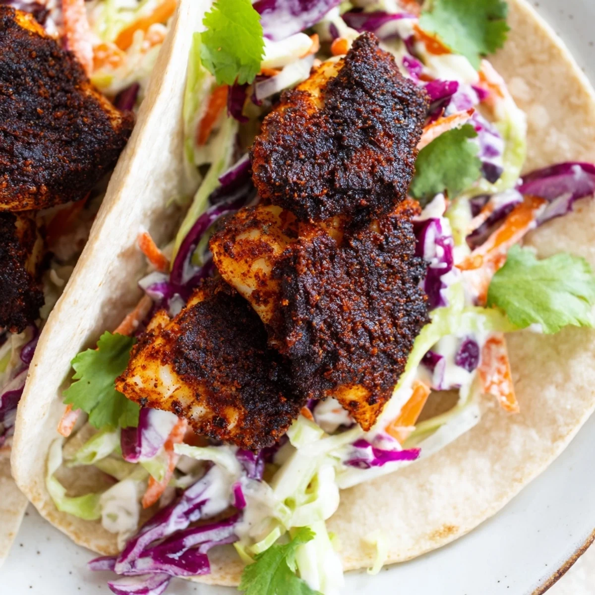 Golden, blackened fish fillets rest on warm corn tortillas, topped with creamy lime slaw and fresh cilantro.  