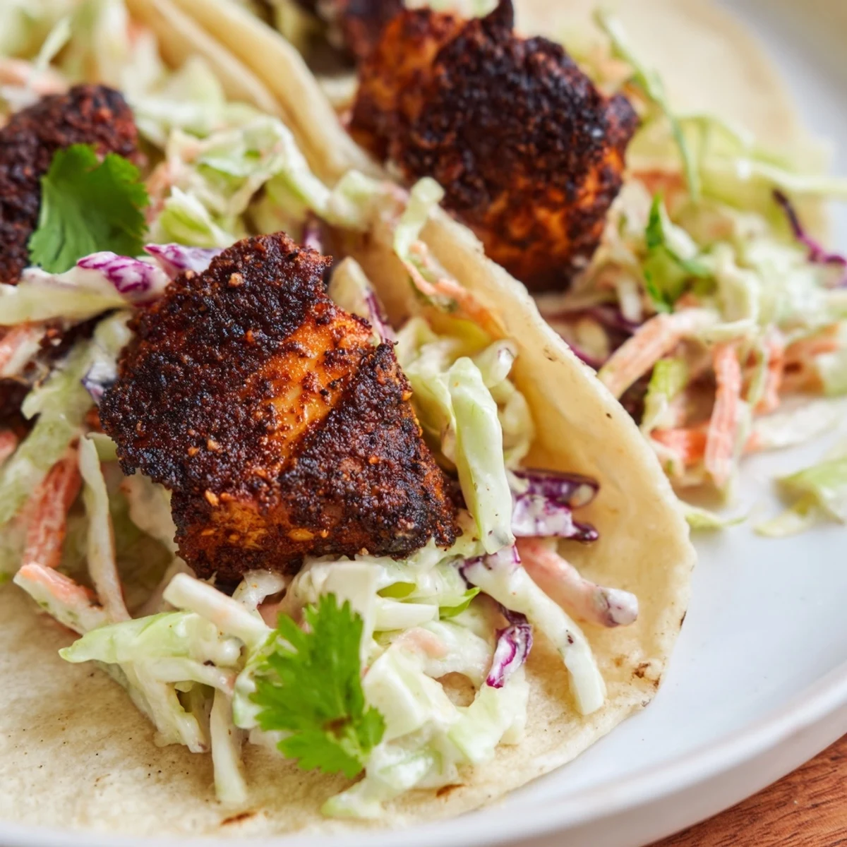 Close-up of flaky blackened fish nestled in soft tacos, vibrant slaw adding crunch and zesty flavor.  